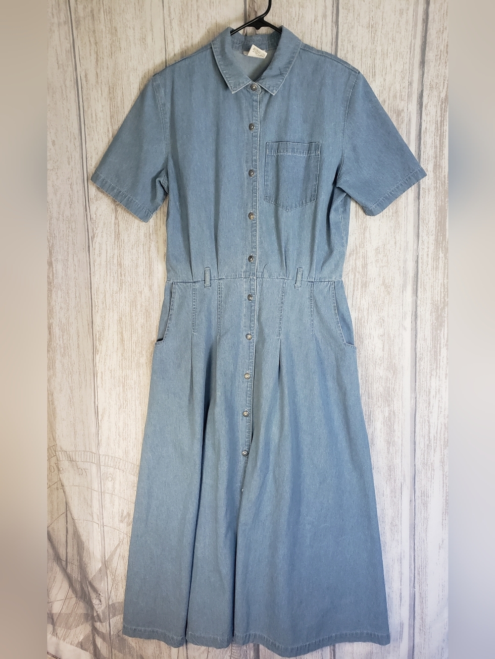 Vtg 90s Monterey Bay Blue Denim Button-Front Maxi Shirt Dress Short Large A20